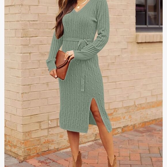 NWT MEROKEETY Green Ribbed Knit Midi Sweater Dress Women's Small | Cozy Pullover - Picture 3 of 9